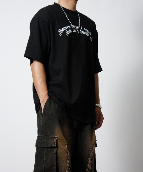 NYLAUS（ナイラス）の「【NYS】2026新作 エンジェル オールドイングリッシュ クロス プリント半袖Tシャツ バックプリントTシャツ（Tシャツ/カットソー・メンズ・ブラック/ホワイト/ブラック系その他・L/M）」の4枚目の写真