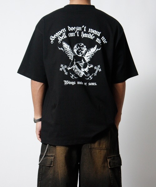 NYLAUS（ナイラス）の「【NYS】2026新作 エンジェル オールドイングリッシュ クロス プリント半袖Tシャツ バックプリントTシャツ（Tシャツ/カットソー・メンズ・ブラック/ホワイト/ブラック系その他・L/M）」の5枚目の写真