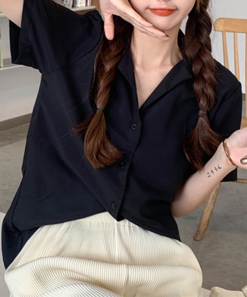 mielu(ミエル)の「オープンカラー半袖シャツ(シャツ/ブラウス・レディース・ホワイト/ベージュ/ブラック・LARGE/MEDIUM)」の8枚目の写真