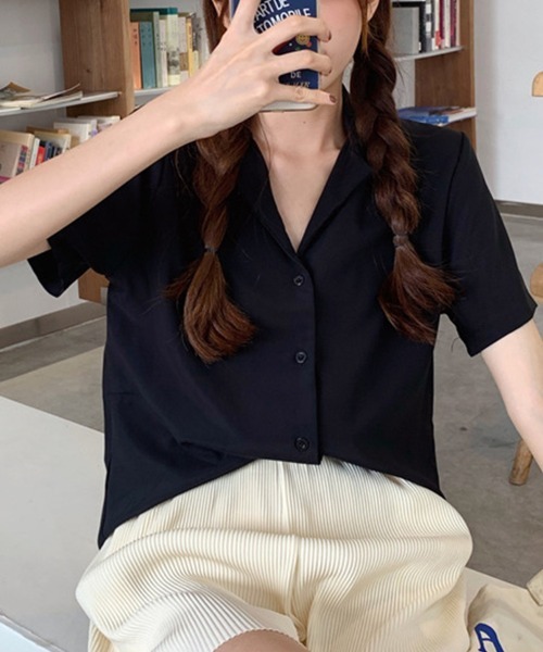 mielu(ミエル)の「オープンカラー半袖シャツ(シャツ/ブラウス・レディース・ホワイト/ベージュ/ブラック・LARGE/MEDIUM)」の9枚目の写真