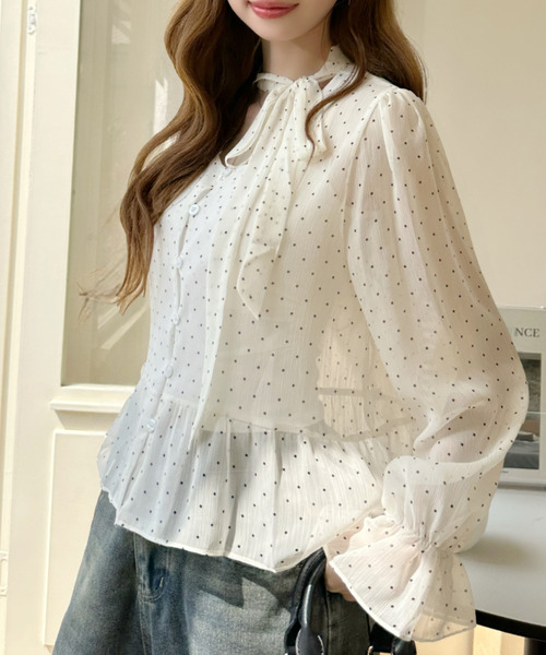 Ada.(エイダ)の「ボータイ付き シアードット キャンディースリーブブラウス(シャツ/ブラウス・レディース・ブラック/ホワイト・FREE)」の1枚目の写真