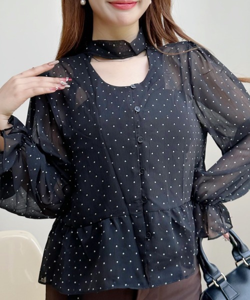 Ada.(エイダ)の「ボータイ付き シアードット キャンディースリーブブラウス(シャツ/ブラウス・レディース・ブラック/ホワイト・FREE)」の2枚目の写真