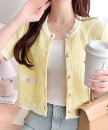 mily bilet（ミウィビレット）の「【mily bilet】さりげない華やぎで品よく可愛い♪パール釦ツイード編みロゴプレート付ニットカーディガン(半袖)（カーディガン/ボレロ）」