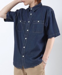 ビッグシルエット 半袖デニムシャツ/レギュラーカラー ワークシャツ/メンズ レディース ユニセックス