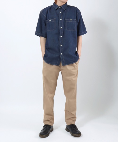 Salong hameu(サロン ハミュー)の「ビッグシルエット 半袖デニムシャツ/レギュラーカラー ワークシャツ/メンズ レディース ユニセックス(シャツ/ブラウス・メンズ・サックスブルー/ネイビー・M/L/LL)」の6枚目の写真