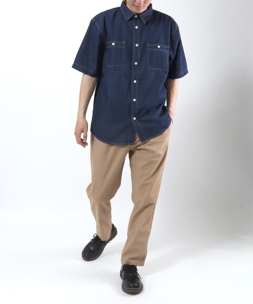Salong hameu(サロン ハミュー)の「ビッグシルエット 半袖デニムシャツ/レギュラーカラー ワークシャツ/メンズ レディース ユニセックス(シャツ/ブラウス・メンズ・サックスブルー/ネイビー・M/L/LL)」の4枚目の写真