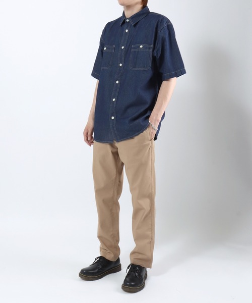 Salong hameu(サロン ハミュー)の「ビッグシルエット 半袖デニムシャツ/レギュラーカラー ワークシャツ/メンズ レディース ユニセックス(シャツ/ブラウス・メンズ・サックスブルー/ネイビー・M/L/LL)」の5枚目の写真