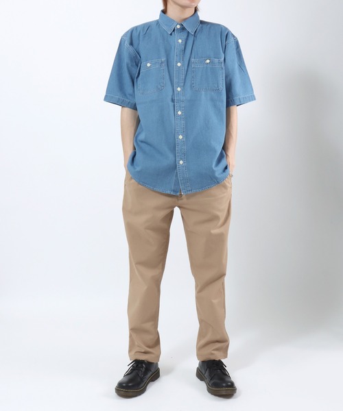 Salong hameu(サロン ハミュー)の「ビッグシルエット 半袖デニムシャツ/レギュラーカラー ワークシャツ/メンズ レディース ユニセックス(シャツ/ブラウス・メンズ・サックスブルー/ネイビー・M/L/LL)」の8枚目の写真