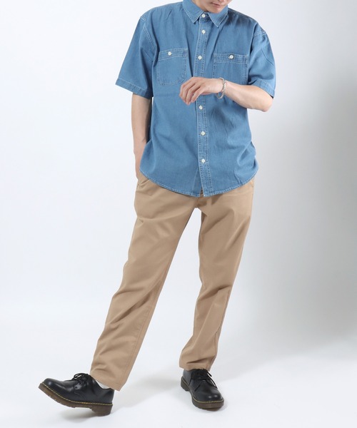 Salong hameu(サロン ハミュー)の「ビッグシルエット 半袖デニムシャツ/レギュラーカラー ワークシャツ/メンズ レディース ユニセックス(シャツ/ブラウス・メンズ・サックスブルー/ネイビー・M/L/LL)」の10枚目の写真