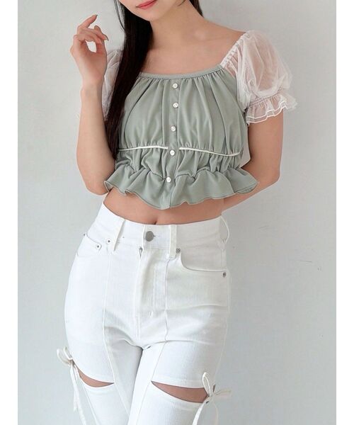 RESEXXY（リゼクシー）の「チュールレイヤードトップス（シャツ/ブラウス・レディース・その他1/ミント/ホワイト・FREE）」の3枚目の写真