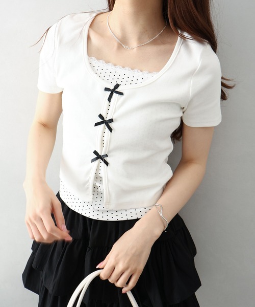 SpRay(スプレイ)の「ドットxテレコドッキングトップス(Tシャツ/カットソー・レディース・ホワイト/ネイビー/イエロー/グレー/サックスブルー/ブラック・FREE)」の13枚目の写真