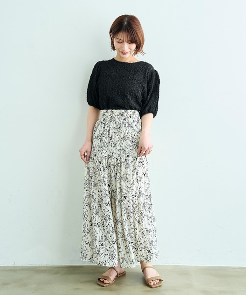 mil(ミル)の「小花柄ワッシャーティアードスカート【587253】(スカート・レディース・ブラック/オフホワイト・ONE SIZE)」の3枚目の写真
