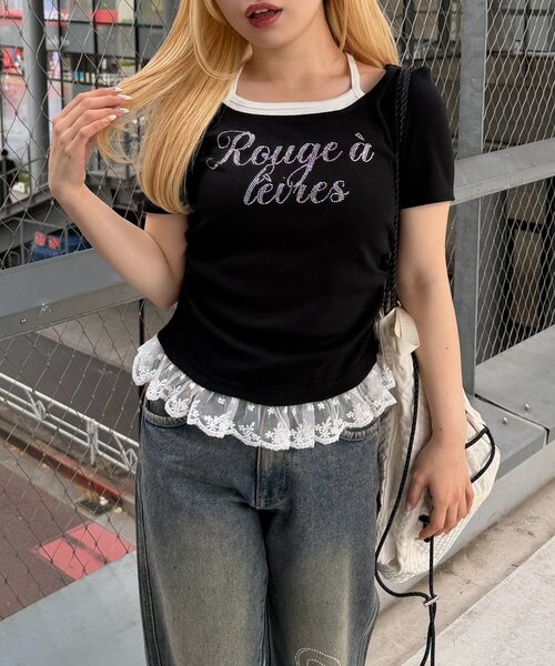 continuer de NICE CLAUP(コンティニューデナイスクラップ)の「裾レースキラキラロゴホルターT(Tシャツ/カットソー・レディース・ピンク/ブラック/トップグレー/その他11/ドット・FREE)」の19枚目の写真