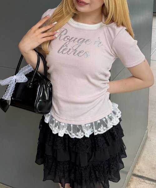 continuer de NICE CLAUP(コンティニューデナイスクラップ)の「裾レースキラキラロゴホルターT(Tシャツ/カットソー・レディース・ピンク/ブラック/トップグレー/その他11/ドット・FREE)」の4枚目の写真
