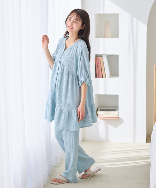 授乳対応 マタニティパジャマ 半袖 上下セット｜ふくれジャガード素材
