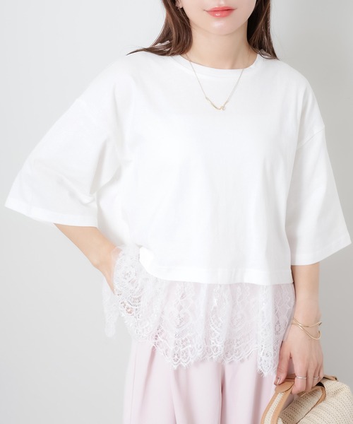 Riberry(リベリー)の「裾レース五分袖Tシャツ(Tシャツ/カットソー・レディース・ブラック/オフホワイト・MEDIUM)」の2枚目の写真