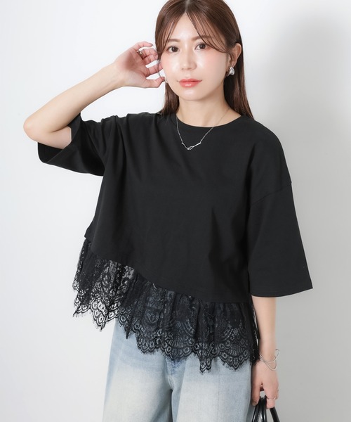 Riberry(リベリー)の「裾レース五分袖Tシャツ(Tシャツ/カットソー・レディース・ブラック/オフホワイト・MEDIUM)」の1枚目の写真