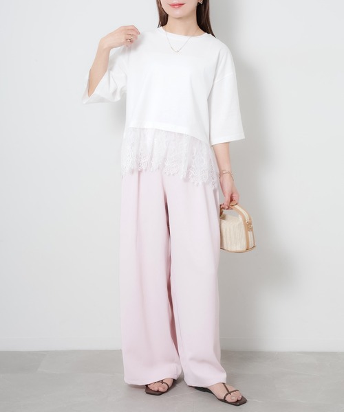 Riberry(リベリー)の「裾レース五分袖Tシャツ(Tシャツ/カットソー・レディース・ブラック/オフホワイト・MEDIUM)」の9枚目の写真