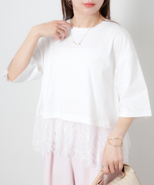 Riberry(リベリー)の「裾レース五分袖Tシャツ(Tシャツ/カットソー・レディース・ブラック/オフホワイト・MEDIUM)」の3枚目の写真