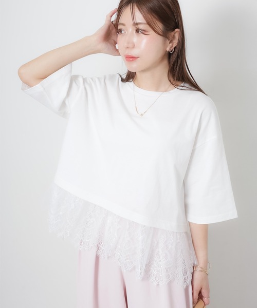 Riberry(リベリー)の「裾レース五分袖Tシャツ(Tシャツ/カットソー・レディース・ブラック/オフホワイト・MEDIUM)」の10枚目の写真