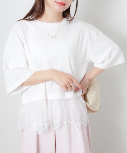Riberry(リベリー)の「裾レース五分袖Tシャツ(Tシャツ/カットソー・レディース・ブラック/オフホワイト・MEDIUM)」の4枚目の写真