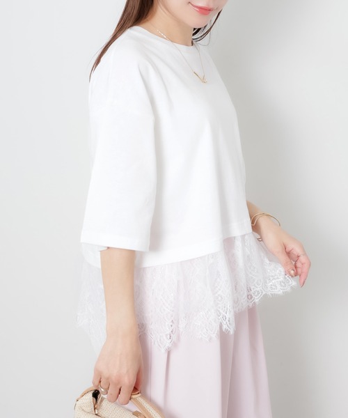 Riberry(リベリー)の「裾レース五分袖Tシャツ(Tシャツ/カットソー・レディース・ブラック/オフホワイト・MEDIUM)」の12枚目の写真