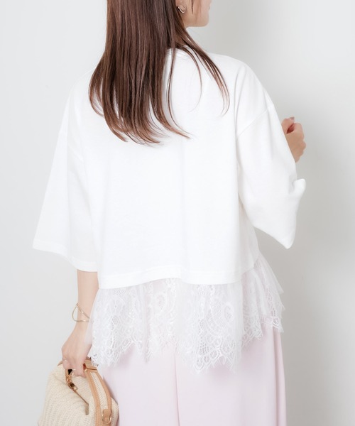 Riberry(リベリー)の「裾レース五分袖Tシャツ(Tシャツ/カットソー・レディース・ブラック/オフホワイト・MEDIUM)」の13枚目の写真