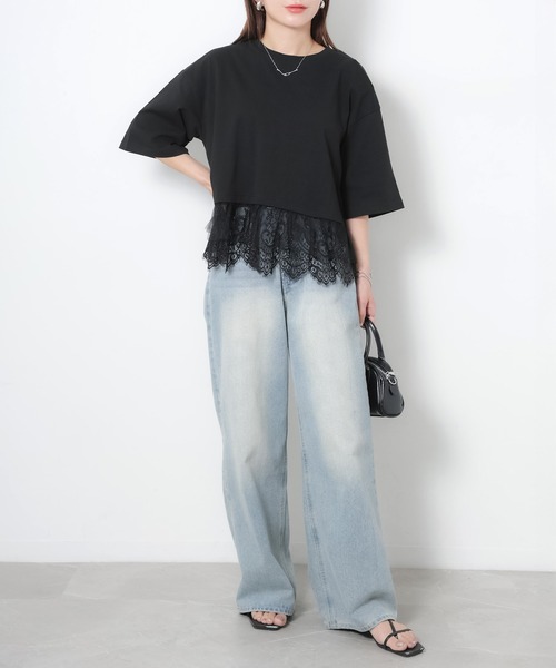 Riberry(リベリー)の「裾レース五分袖Tシャツ(Tシャツ/カットソー・レディース・ブラック/オフホワイト・MEDIUM)」の14枚目の写真