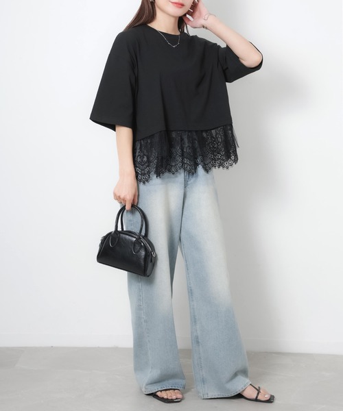 Riberry(リベリー)の「裾レース五分袖Tシャツ(Tシャツ/カットソー・レディース・ブラック/オフホワイト・MEDIUM)」の8枚目の写真
