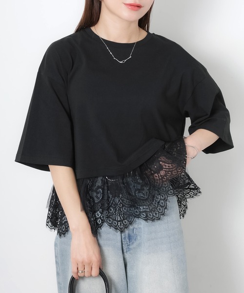 Riberry(リベリー)の「裾レース五分袖Tシャツ(Tシャツ/カットソー・レディース・ブラック/オフホワイト・MEDIUM)」の6枚目の写真