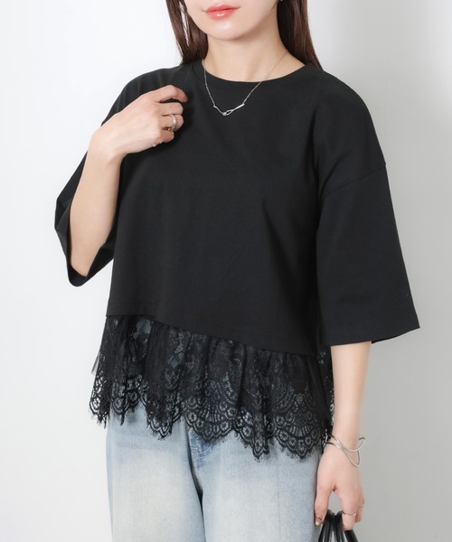 Riberry(リベリー)の「裾レース五分袖Tシャツ(Tシャツ/カットソー・レディース・ブラック/オフホワイト・MEDIUM)」の7枚目の写真