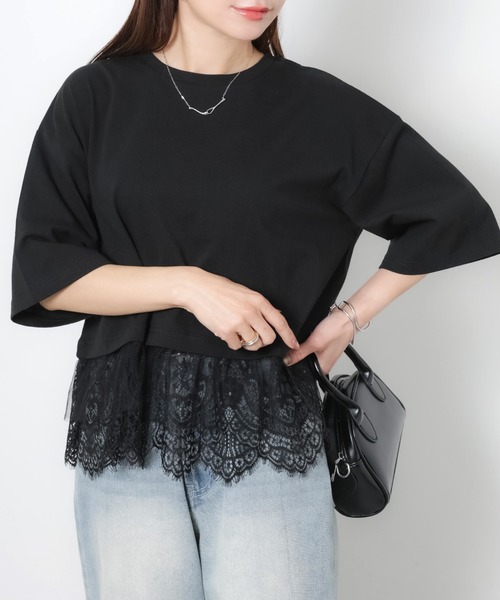 Riberry(リベリー)の「裾レース五分袖Tシャツ(Tシャツ/カットソー・レディース・ブラック/オフホワイト・MEDIUM)」の15枚目の写真
