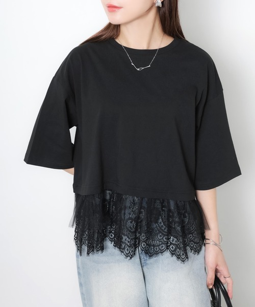 Riberry(リベリー)の「裾レース五分袖Tシャツ(Tシャツ/カットソー・レディース・ブラック/オフホワイト・MEDIUM)」の16枚目の写真