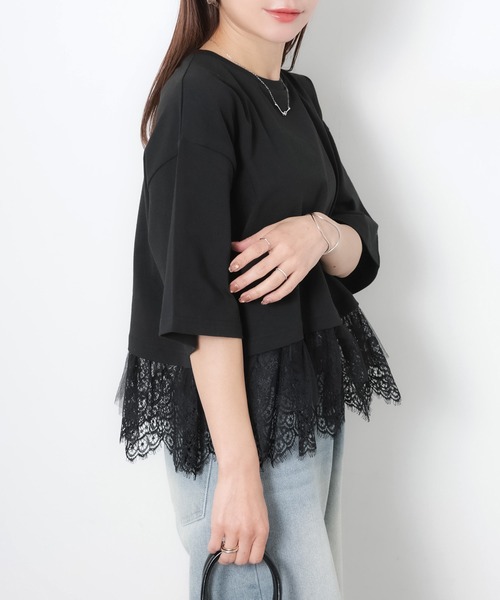 Riberry(リベリー)の「裾レース五分袖Tシャツ(Tシャツ/カットソー・レディース・ブラック/オフホワイト・MEDIUM)」の17枚目の写真