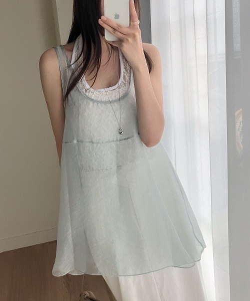 YUGA(ユーガ)の「YUGA_YGMC Korean-style Lace innerwear, sheer layered top(キャミソール・レディース・ライトグリーン/ホワイト/ボルドー・FREE)」の17枚目の写真