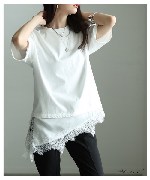 Sawa a la mode(サワアラモード)の「異素材レースアシンメトリーTシャツ(Tシャツ/カットソー・レディース・ブラック・FREE)」の2枚目の写真