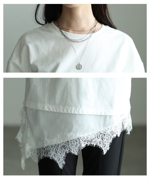 Sawa a la mode(サワアラモード)の「異素材レースアシンメトリーTシャツ(Tシャツ/カットソー・レディース・ブラック・FREE)」の5枚目の写真