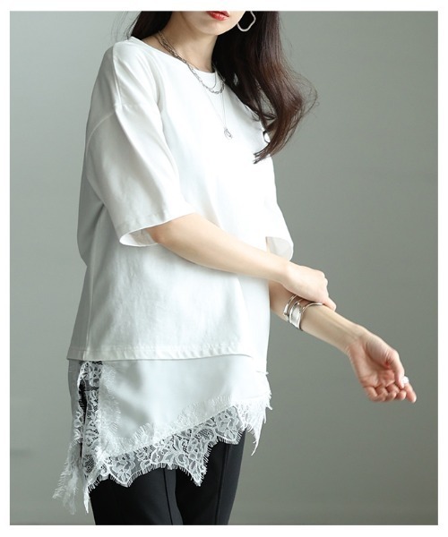 Sawa a la mode(サワアラモード)の「異素材レースアシンメトリーTシャツ(Tシャツ/カットソー・レディース・ブラック・FREE)」の10枚目の写真