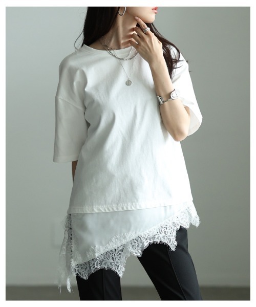 Sawa a la mode(サワアラモード)の「異素材レースアシンメトリーTシャツ(Tシャツ/カットソー・レディース・ブラック・FREE)」の12枚目の写真