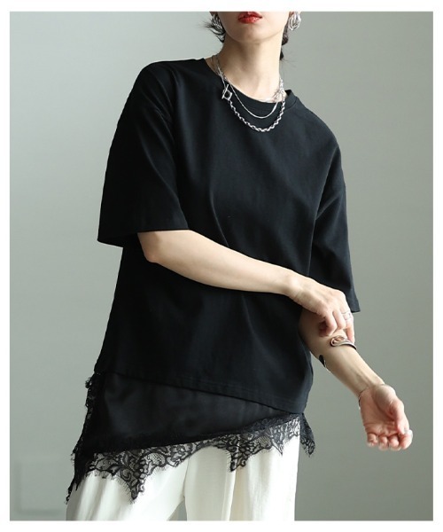 Sawa a la mode(サワアラモード)の「異素材レースアシンメトリーTシャツ(Tシャツ/カットソー・レディース・ブラック・FREE)」の14枚目の写真