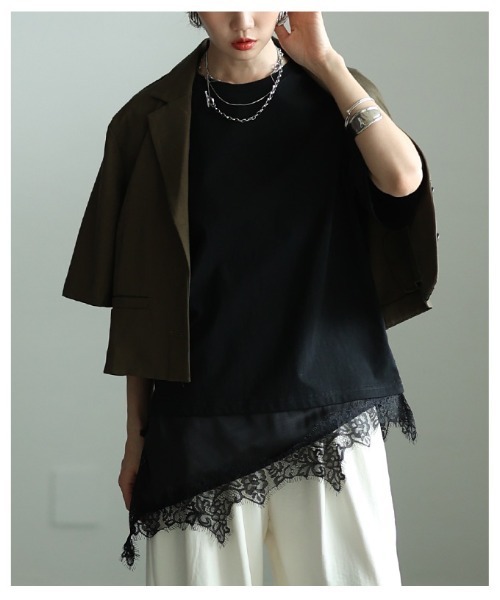 Sawa a la mode(サワアラモード)の「異素材レースアシンメトリーTシャツ(Tシャツ/カットソー・レディース・ブラック・FREE)」の18枚目の写真