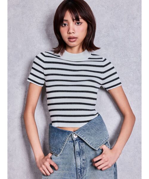 GYDA(ジェイダ)の「ボトルネックリブニットトップス(Tシャツ/カットソー・レディース・グレー/その他1/ブラック/オフホワイト・FREE)」の6枚目の写真