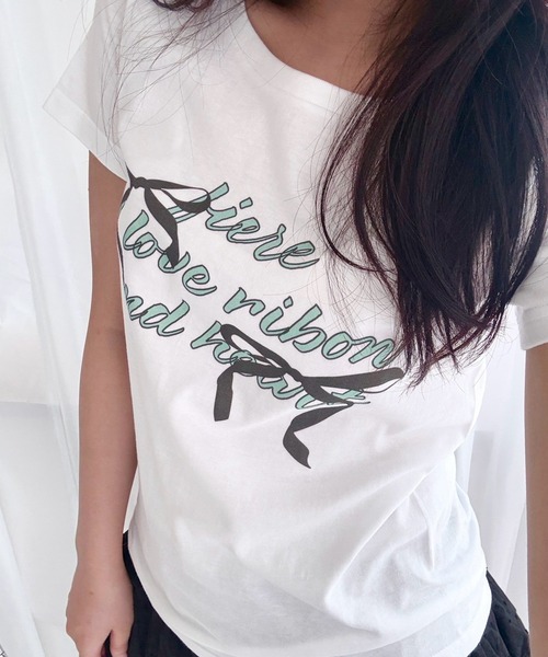 fiere（フィエール）の「【4柄展開】選べるデザインブラック×ミントプリントショート丈半袖Tシャツ（Tシャツ/カットソー・レディース・ホワイト/A/C/B・WM）」の3枚目の写真