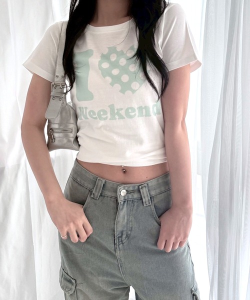 fiere（フィエール）の「【4柄展開】選べるデザインブラック×ミントプリントショート丈半袖Tシャツ（Tシャツ/カットソー・レディース・ホワイト/A/C/B・WM）」の13枚目の写真