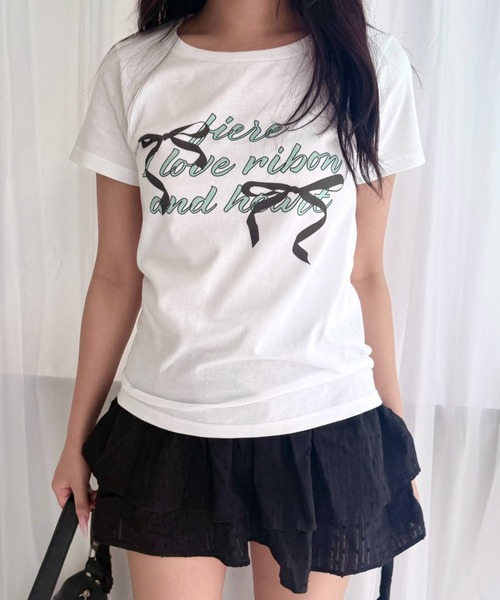 fiere（フィエール）の「【4柄展開】選べるデザインブラック×ミントプリントショート丈半袖Tシャツ（Tシャツ/カットソー・レディース・ホワイト/A/C/B・WM）」の19枚目の写真