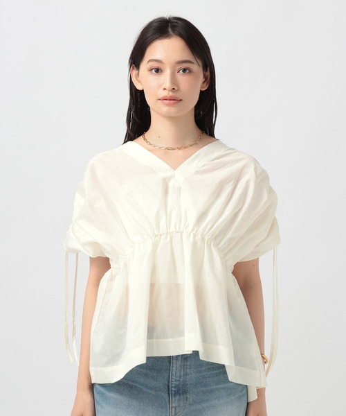 BAYFLOW（ベイフロー）の「[さらっとした着心地]Vネックギャザーブラウス（シャツ/ブラウス・レディース・ネイビー/オフホワイト/ブラウン・FREE）」の21枚目の写真