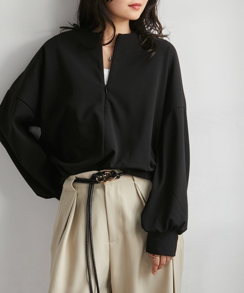 RANAN(ラナン)の「裏起毛ハーフジップコクーントップス(Tシャツ/カットソー・レディース・ダークネイビー/オフホワイト/グレイッシュベージュ/ブラック・M/LL/L/3L)」の10枚目の写真