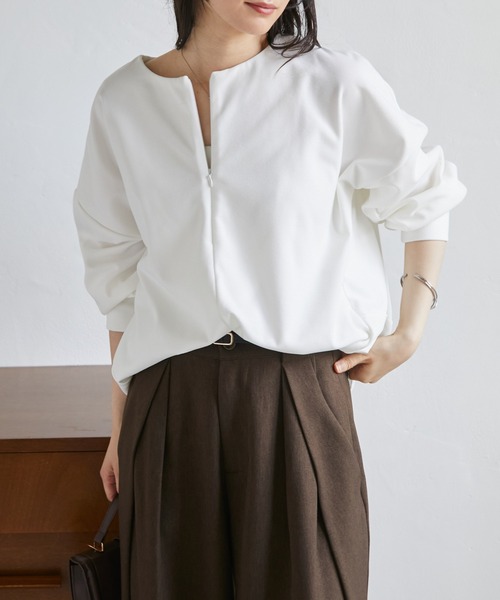 RANAN(ラナン)の「裏起毛ハーフジップコクーントップス(Tシャツ/カットソー・レディース・ダークネイビー/オフホワイト/グレイッシュベージュ/ブラック・M/LL/L/3L)」の12枚目の写真
