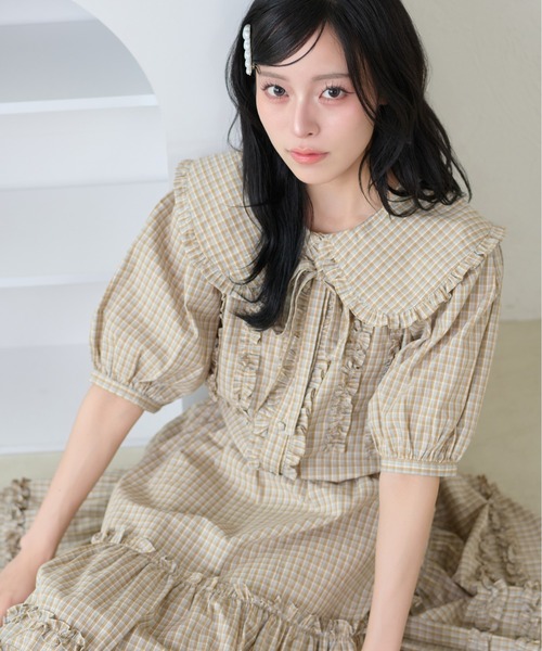 kutir(クティール)の「【セットアップ着用可能】丸襟リボンフリルブラウス(シャツ/ブラウス・レディース・サックスブルー/ブラック/ホワイト/オフホワイト/ベージュ/ネイビー・FREE)」の5枚目の写真