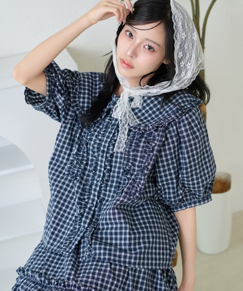 kutir(クティール)の「【セットアップ着用可能】丸襟リボンフリルブラウス(シャツ/ブラウス・レディース・サックスブルー/ブラック/ホワイト/オフホワイト/ベージュ/ネイビー・FREE)」の6枚目の写真